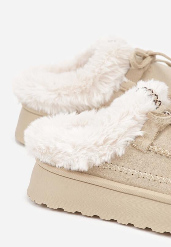 Beżowe Wsuwane Śniegowce w Rustykalnym Stylu z Kokardą i Futrem Tusora 6