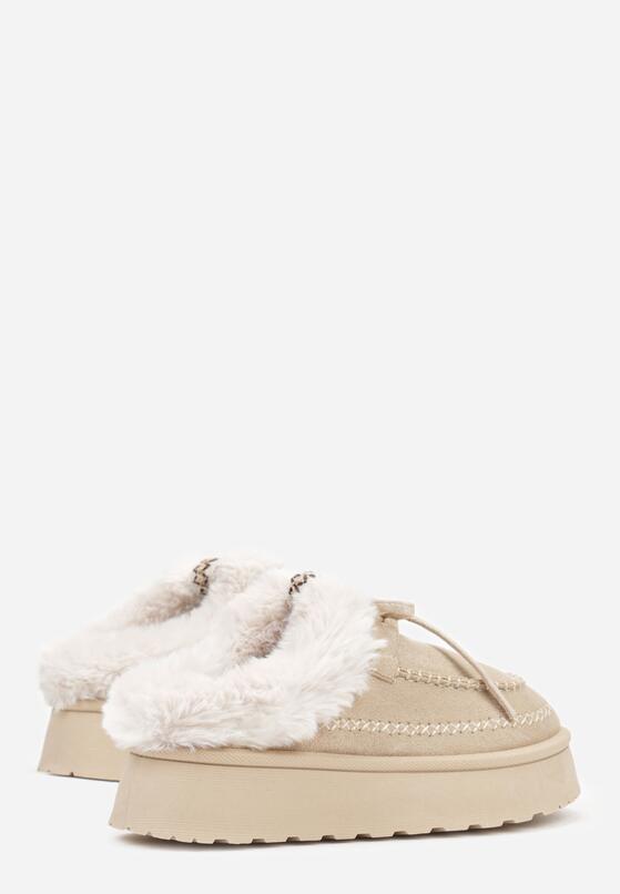 Beżowe Wsuwane Śniegowce w Rustykalnym Stylu z Kokardą i Futrem Tusora 7