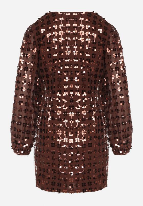 Brązowa Kopertowa Sukienka z Wiązaniem Zdobiona Cekinami Wedelessa 7
