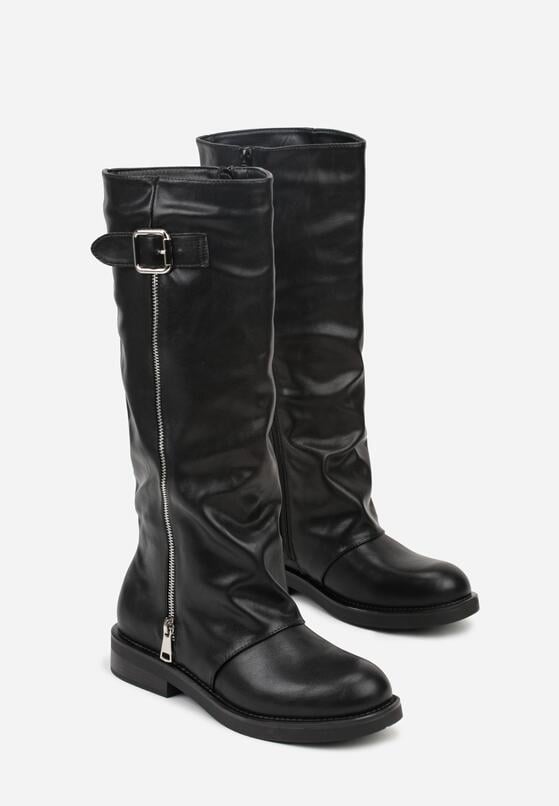 Czarne Kozaki Typu Bikery Ozdobione Suwakiem i Klamrą Linvera 5