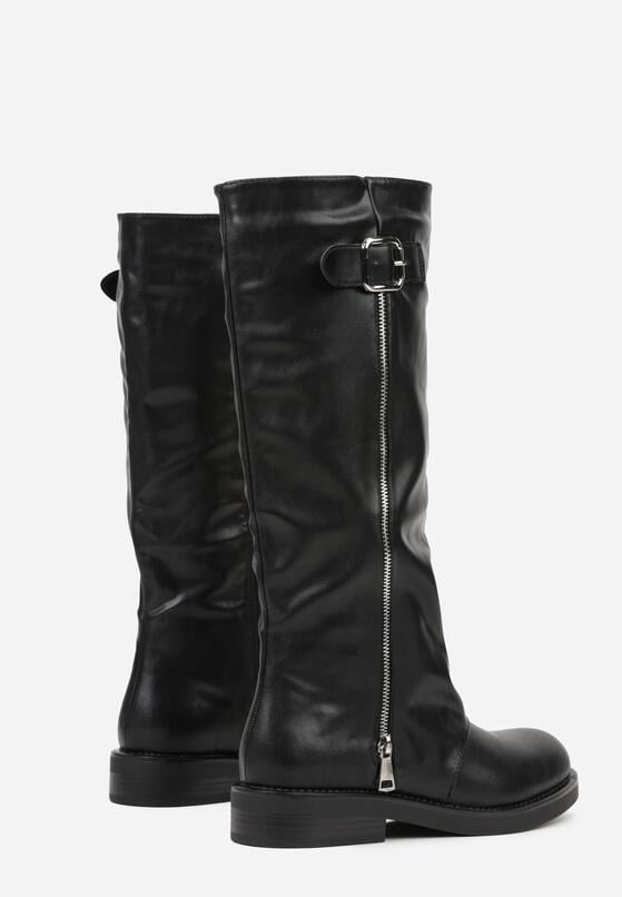 Czarne Kozaki Typu Bikery Ozdobione Suwakiem i Klamrą Linvera 7