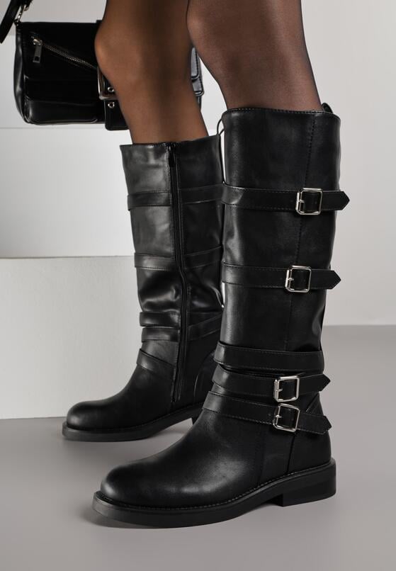 Czarne Kozaki Bikery Ozdobione Paskami i Kwadratowymi Klamrami Lingara 1