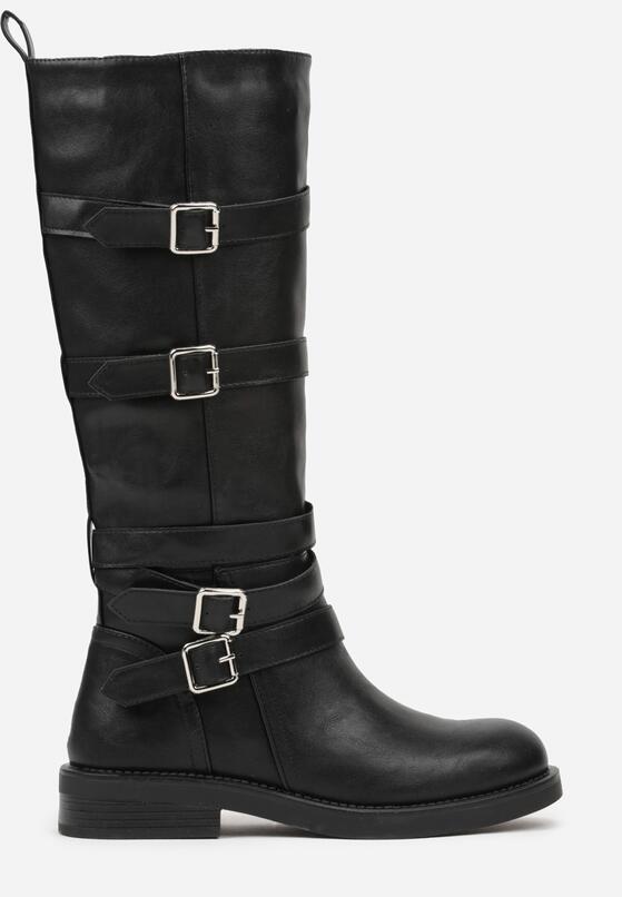 Czarne Kozaki Bikery Ozdobione Paskami i Kwadratowymi Klamrami Lingara 4