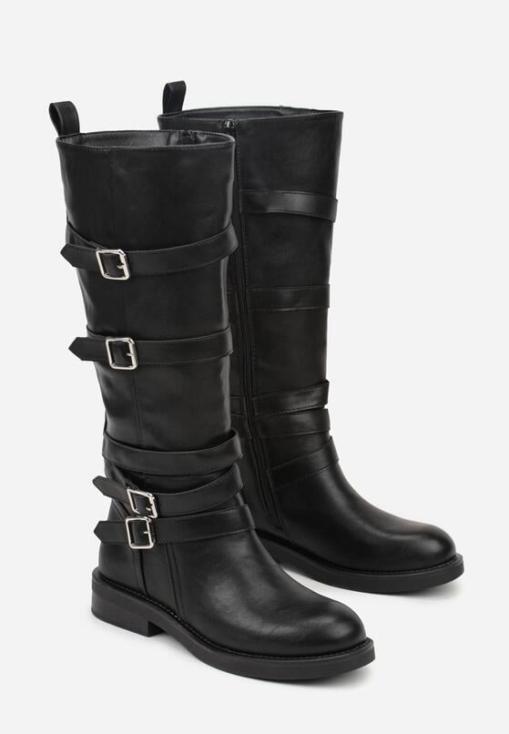 Czarne Kozaki Bikery Ozdobione Paskami i Kwadratowymi Klamrami Lingara 5