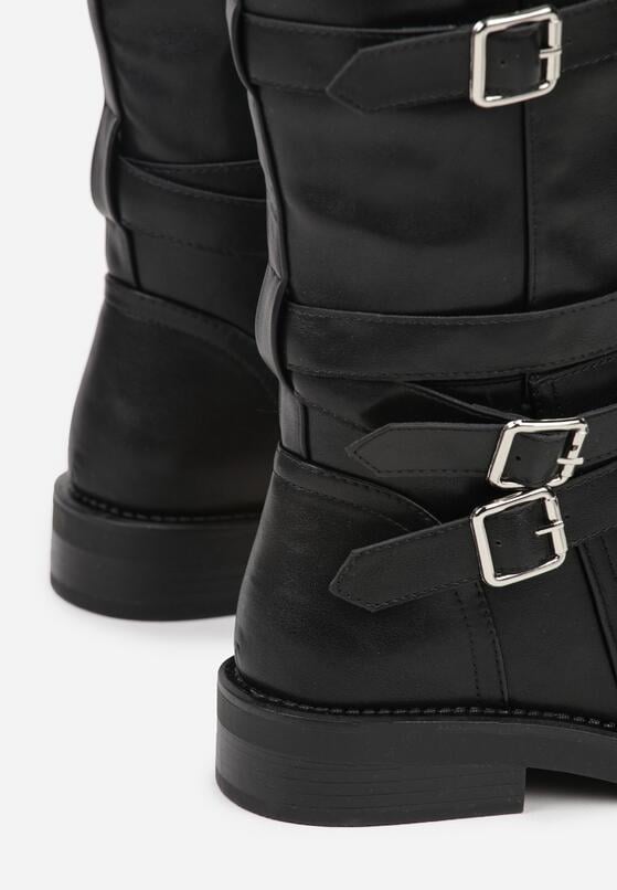 Czarne Kozaki Bikery Ozdobione Paskami i Kwadratowymi Klamrami Lingara 6