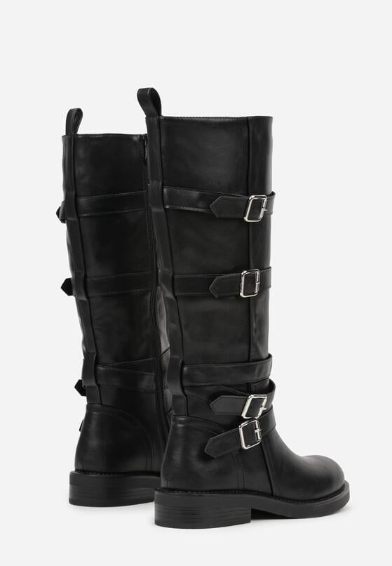 Czarne Kozaki Bikery Ozdobione Paskami i Kwadratowymi Klamrami Lingara 7