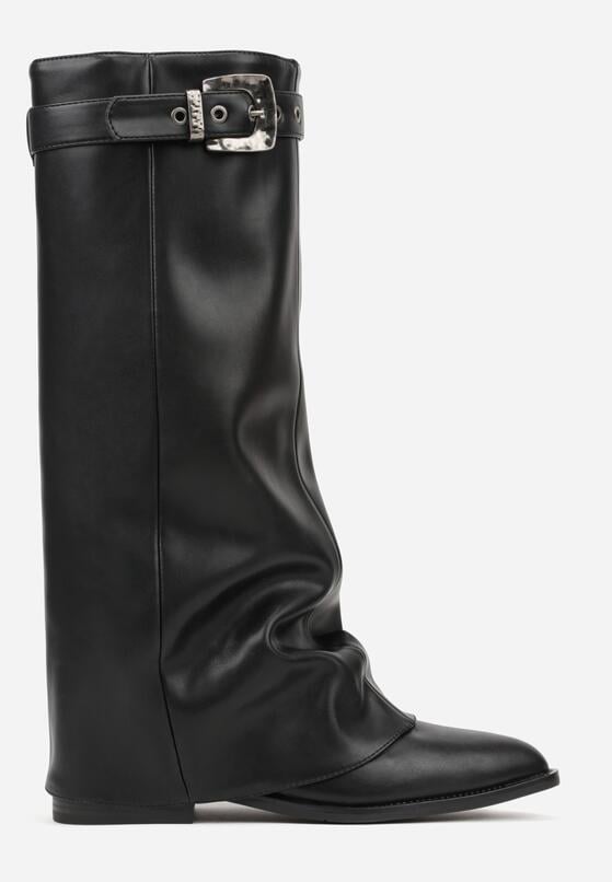 Czarne Kozaki z Noskiem w Szpic i Cholewką Imitującą Nogawkę z Klamrą Tusemira 4