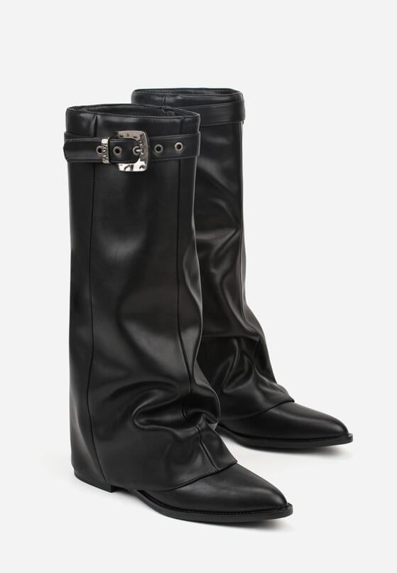 Czarne Kozaki z Noskiem w Szpic i Cholewką Imitującą Nogawkę z Klamrą Tusemira 5