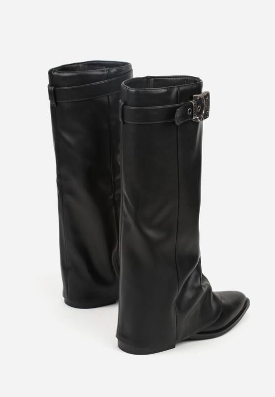 Czarne Kozaki z Noskiem w Szpic i Cholewką Imitującą Nogawkę z Klamrą Tusemira 7