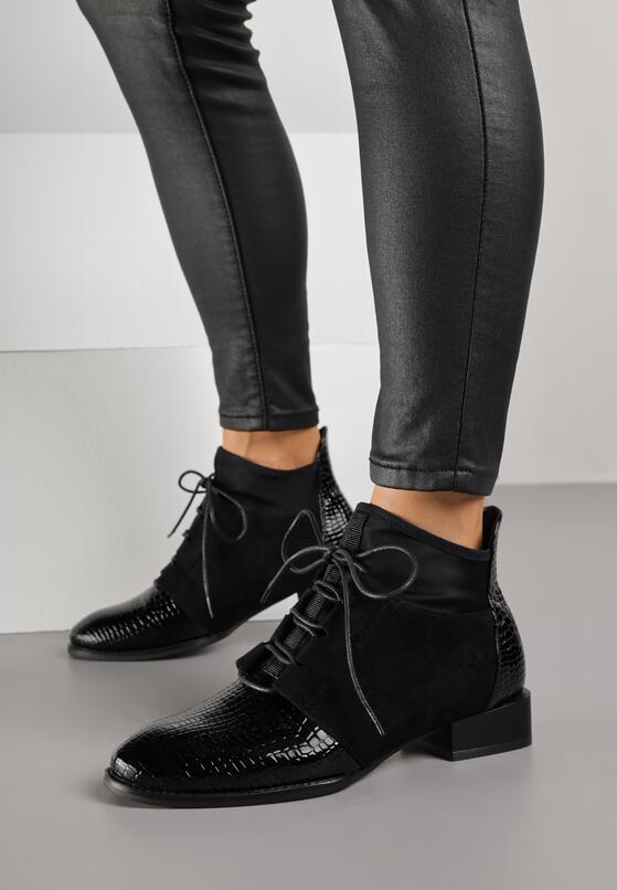 Czarne Botki Typu Trzewiki z Lakierowanymi Wstawkami z Tłoczeniem Krokodyla Zetilla 2