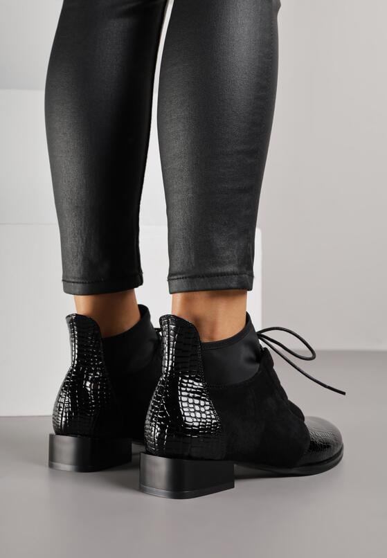 Czarne Botki Typu Trzewiki z Lakierowanymi Wstawkami z Tłoczeniem Krokodyla Zetilla 3