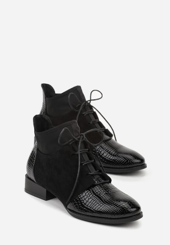 Czarne Botki Typu Trzewiki z Lakierowanymi Wstawkami z Tłoczeniem Krokodyla Zetilla 5