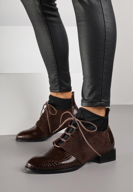 Brązowe Botki Typu Trzewiki z Lakierowanymi Wstawkami z Tłoczeniem Krokodyla Zetilla 1