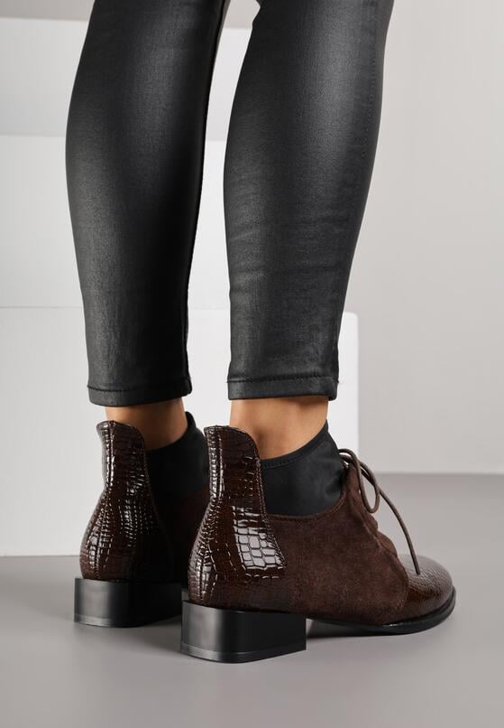 Brązowe Botki Typu Trzewiki z Lakierowanymi Wstawkami z Tłoczeniem Krokodyla Zetilla 3