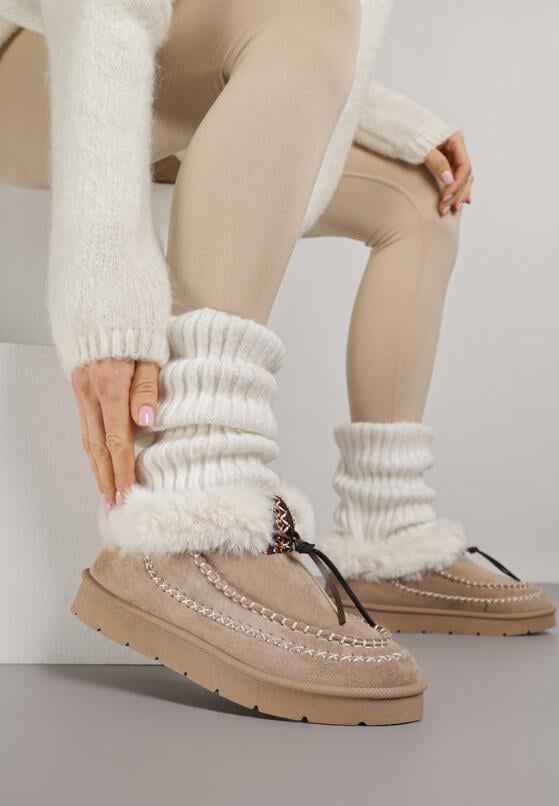 Ciemnobeżowe Śniegowce na Grubej Podeszwie z Futerkiem i Przeszciami Linafra 1