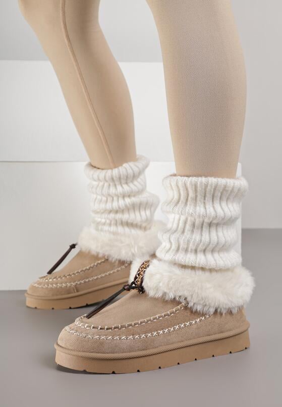 Ciemnobeżowe Śniegowce na Grubej Podeszwie z Futerkiem i Przeszciami Linafra 3