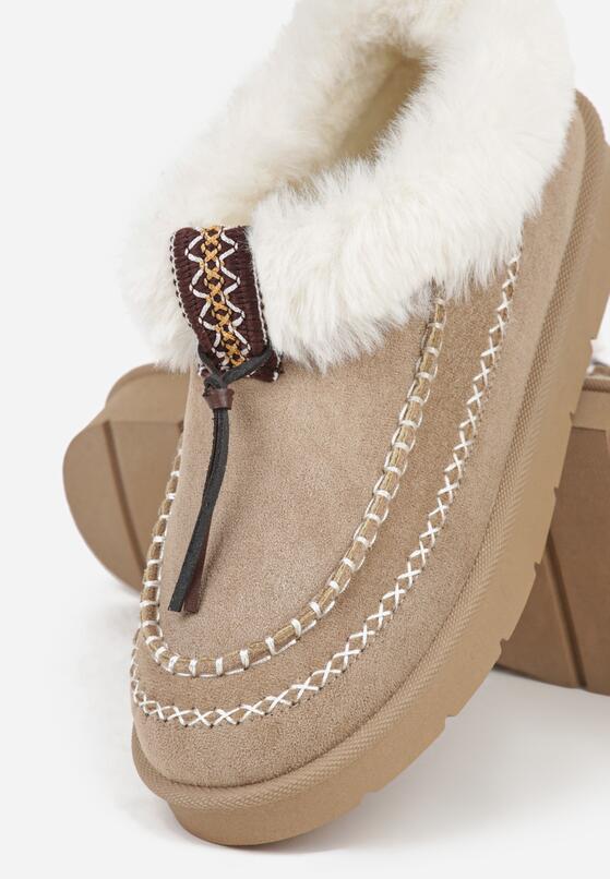 Ciemnobeżowe Śniegowce na Grubej Podeszwie z Futerkiem i Przeszciami Linafra 6