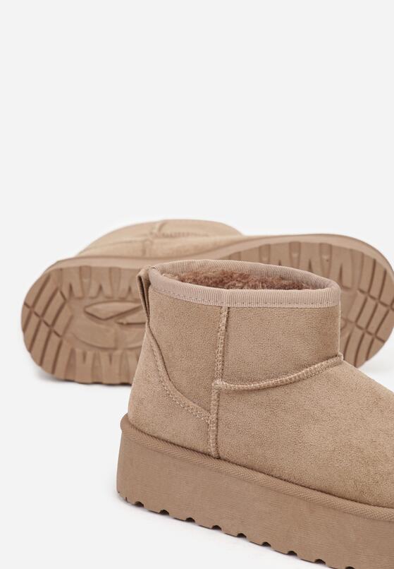 Ciemnobeżowe Wsuwane Śniegowce z Imitacji Zamszu na Platformie Tusanala 3