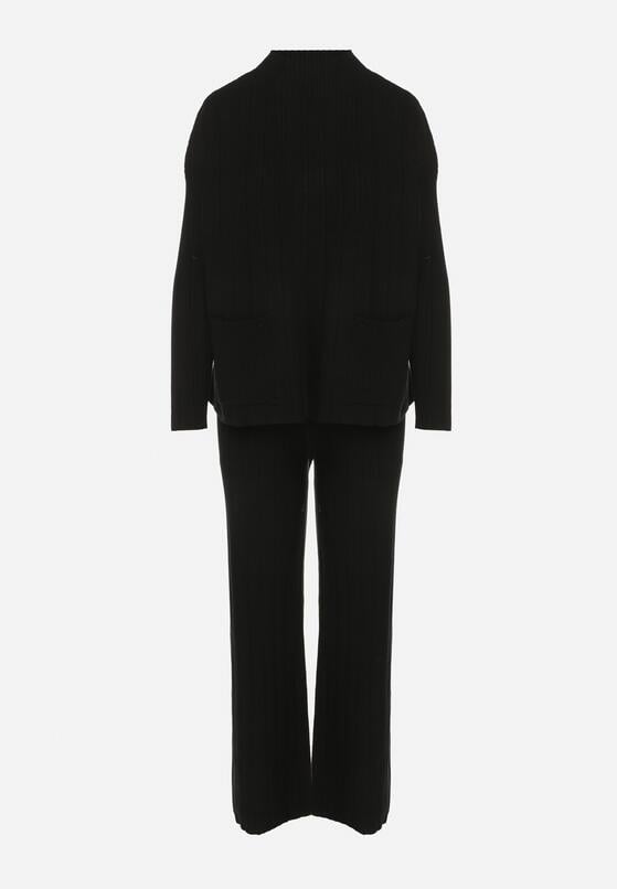 Czarny Sweterkowy Komplet Sweter z Półgolfem i Szerokie Spodnie Alatusa 6