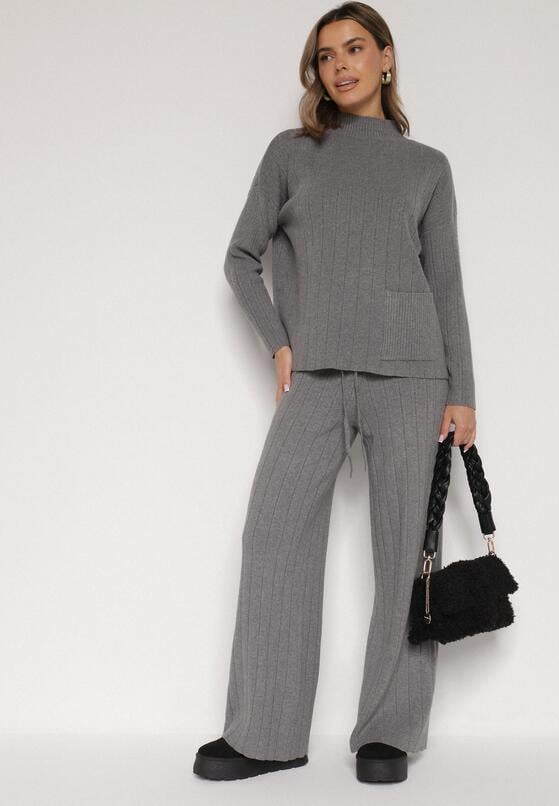 Szary Sweterkowy Komplet Sweter z Półgolfem i Szerokie Spodnie Alatusa 2