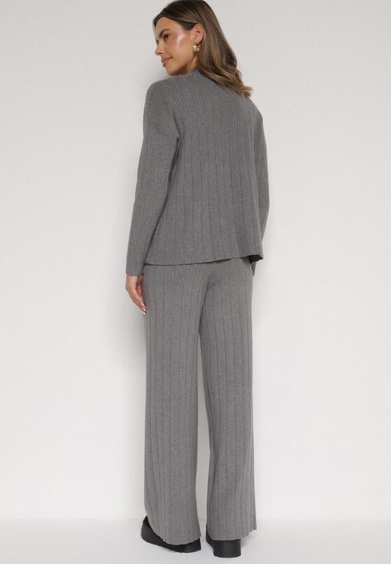 Szary Sweterkowy Komplet Sweter z Półgolfem i Szerokie Spodnie Alatusa 3
