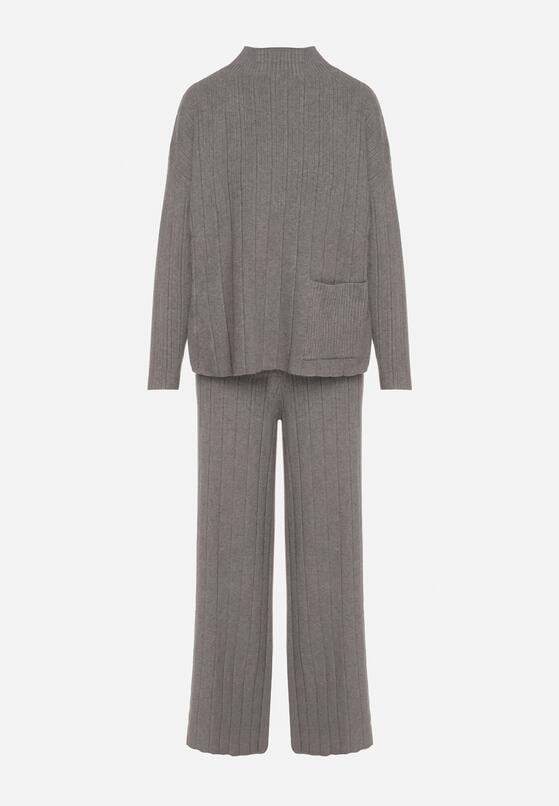 Szary Sweterkowy Komplet Sweter z Półgolfem i Szerokie Spodnie Alatusa 6