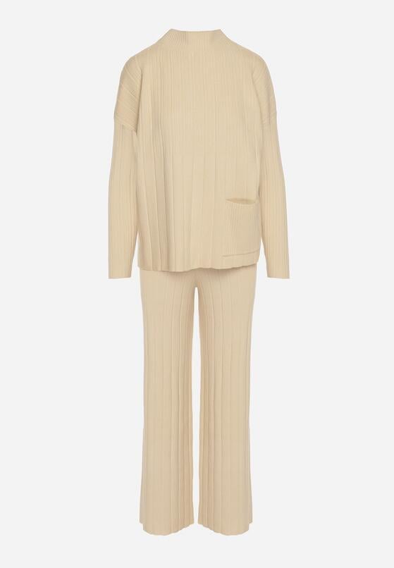 Beżowy Sweterkowy Komplet Sweter z Półgolfem i Szerokie Spodnie Alatusa 6