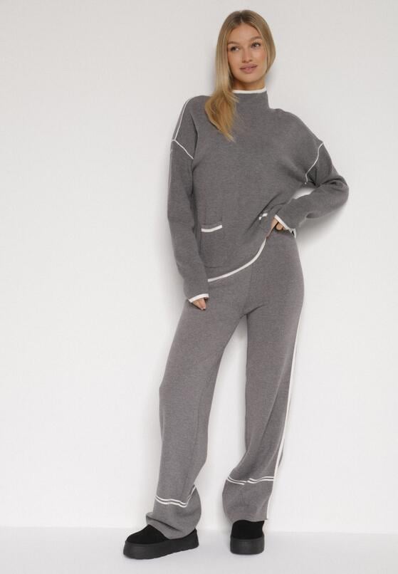 Szary Dzianinowy Komplet Szerokie Spodnie i Sweter z Kieszonkami i Lamówką Wedisena 1