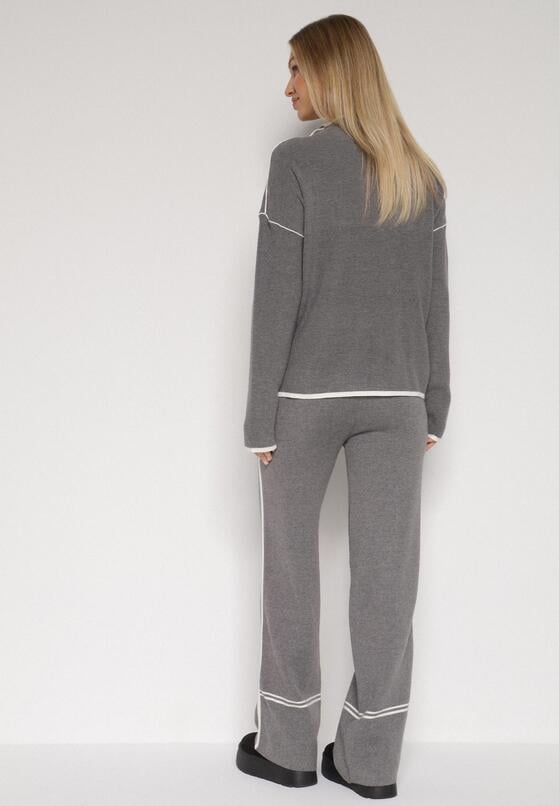 Szary Dzianinowy Komplet Szerokie Spodnie i Sweter z Kieszonkami i Lamówką Wedisena 3