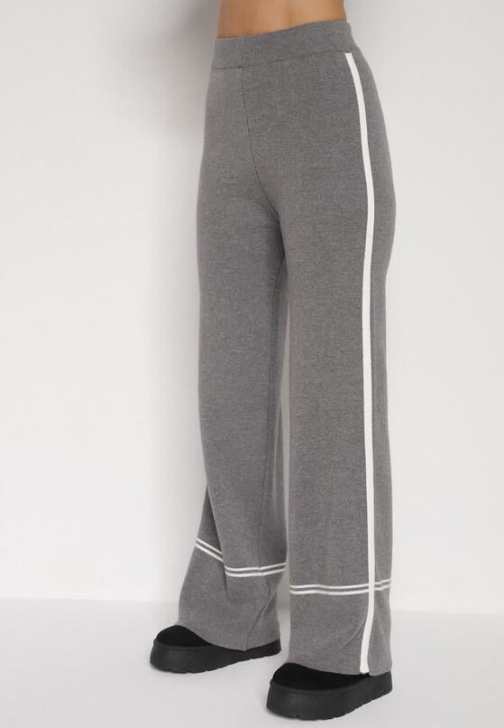 Szary Dzianinowy Komplet Szerokie Spodnie i Sweter z Kieszonkami i Lamówką Wedisena 4