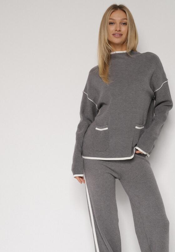 Szary Dzianinowy Komplet Szerokie Spodnie i Sweter z Kieszonkami i Lamówką Wedisena 5