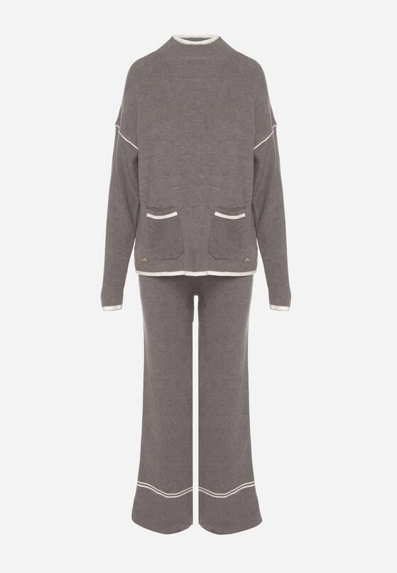 Szary Dzianinowy Komplet Szerokie Spodnie i Sweter z Kieszonkami i Lamówką Wedisena 6