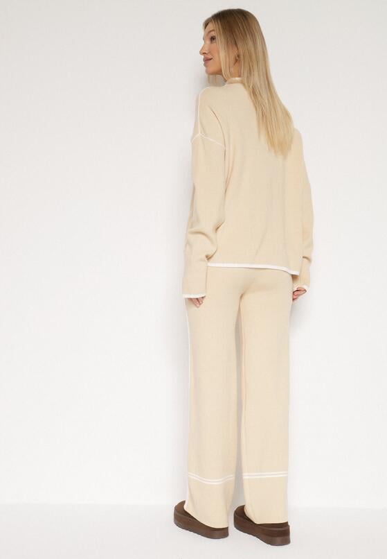 Jasnobeżowy Dzianinowy Komplet Szerokie Spodnie i Sweter z Kieszonkami i Lamówką Wedisena 3