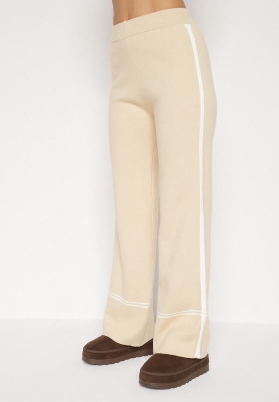 Jasnobeżowy Dzianinowy Komplet Szerokie Spodnie i Sweter z Kieszonkami i Lamówką Wedisena 4