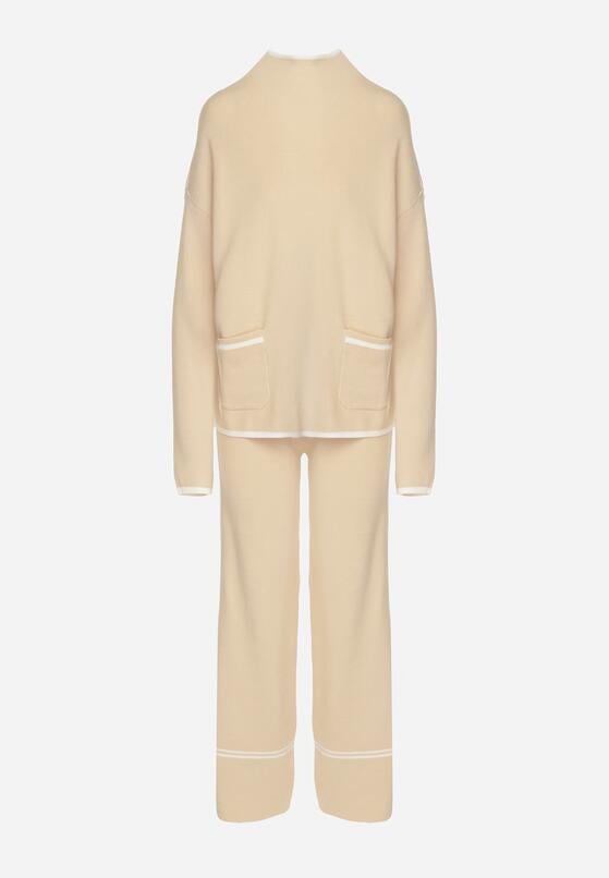 Jasnobeżowy Dzianinowy Komplet Szerokie Spodnie i Sweter z Kieszonkami i Lamówką Wedisena 6