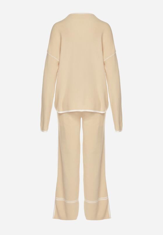 Jasnobeżowy Dzianinowy Komplet Szerokie Spodnie i Sweter z Kieszonkami i Lamówką Wedisena 7