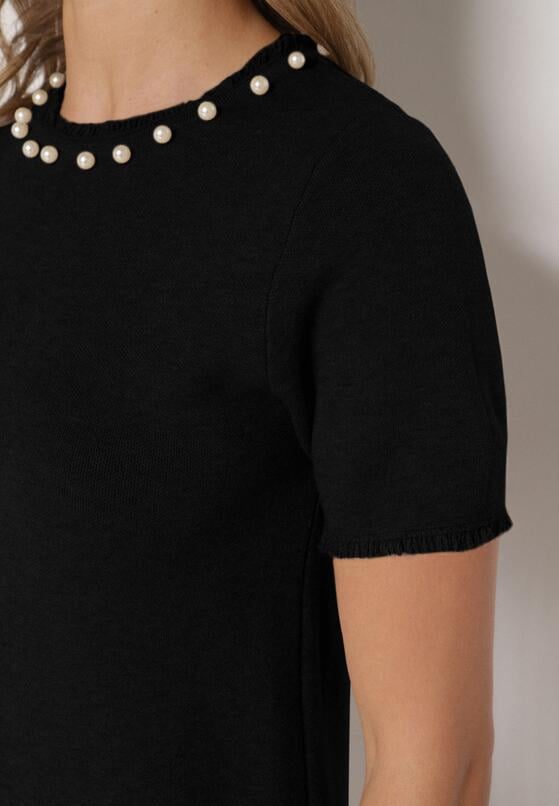 Czarna Trapezowa Sukienka Sweterkowa Ozdobiona Perełkami Eletusa 5