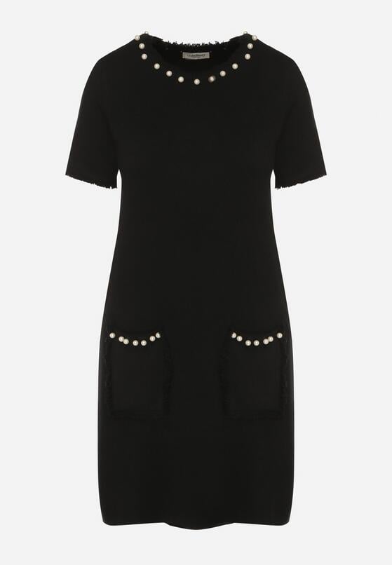 Czarna Trapezowa Sukienka Sweterkowa Ozdobiona Perełkami Eletusa 6