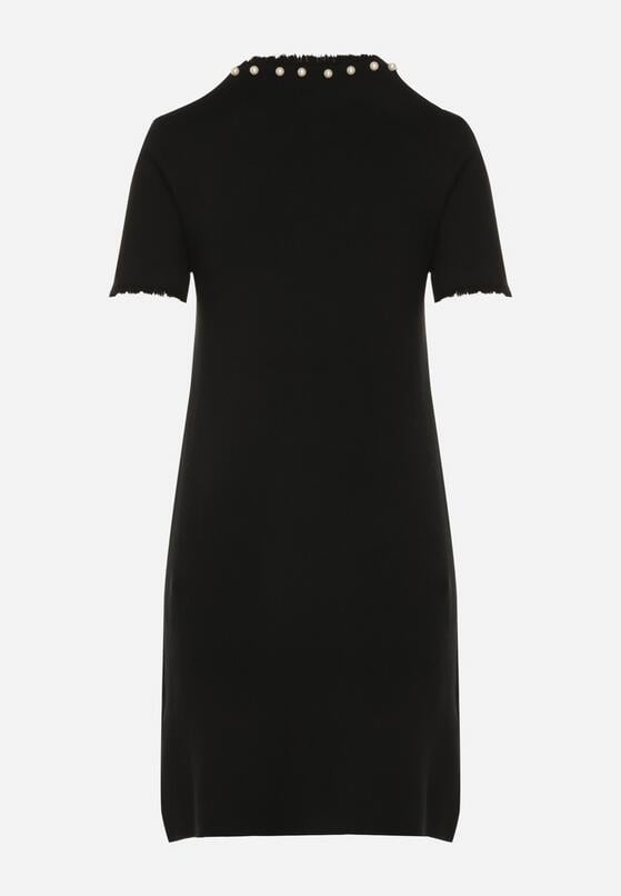 Czarna Trapezowa Sukienka Sweterkowa Ozdobiona Perełkami Eletusa 7