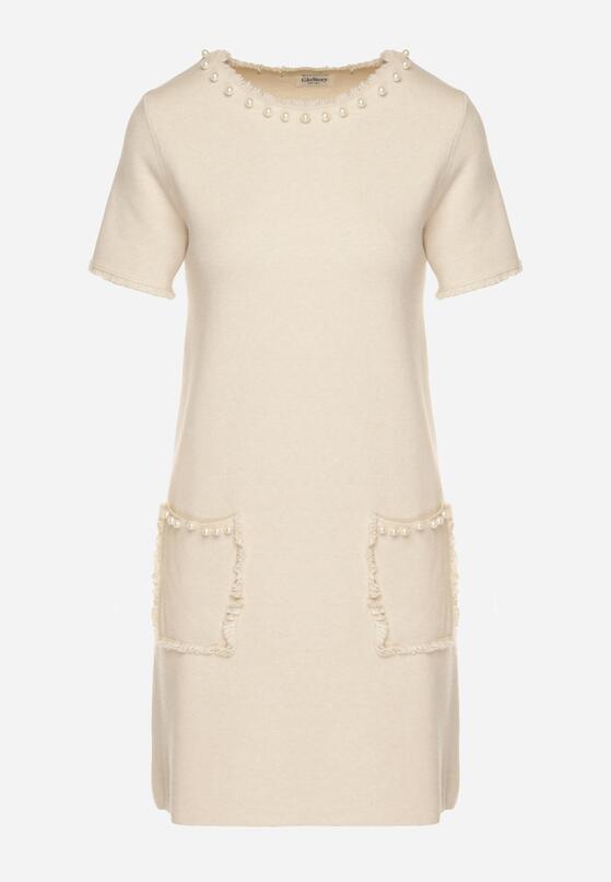 Jasnobeżowa Trapezowa Sukienka Sweterkowa Ozdobiona Perełkami Eletusa 6