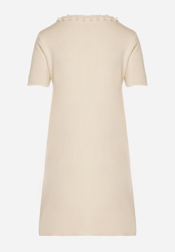 Jasnobeżowa Trapezowa Sukienka Sweterkowa Ozdobiona Perełkami Eletusa 7