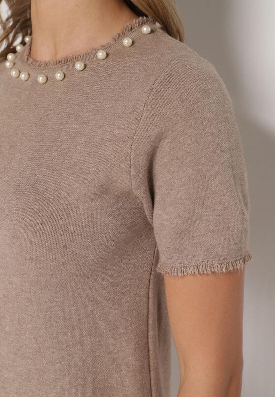 Beżowa Trapezowa Sukienka Sweterkowa Ozdobiona Perełkami Eletusa 5