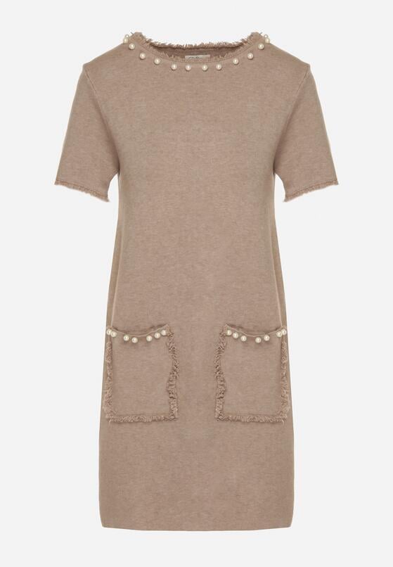 Beżowa Trapezowa Sukienka Sweterkowa Ozdobiona Perełkami Eletusa 6