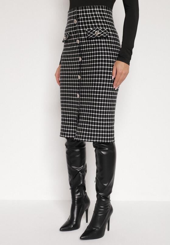 Czarno-Biała Ołówkowa Tweedowa Spódnica w Kraciasty Wzór z Guzikami Anitusa 1