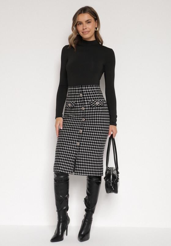 Czarno-Biała Ołówkowa Tweedowa Spódnica w Kraciasty Wzór z Guzikami Anitusa 2
