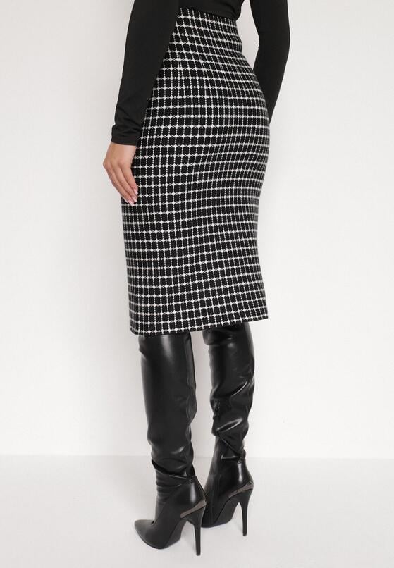 Czarno-Biała Ołówkowa Tweedowa Spódnica w Kraciasty Wzór z Guzikami Anitusa 3