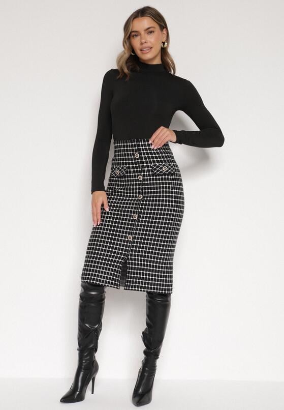 Czarno-Biała Ołówkowa Tweedowa Spódnica w Kraciasty Wzór z Guzikami Anitusa 4