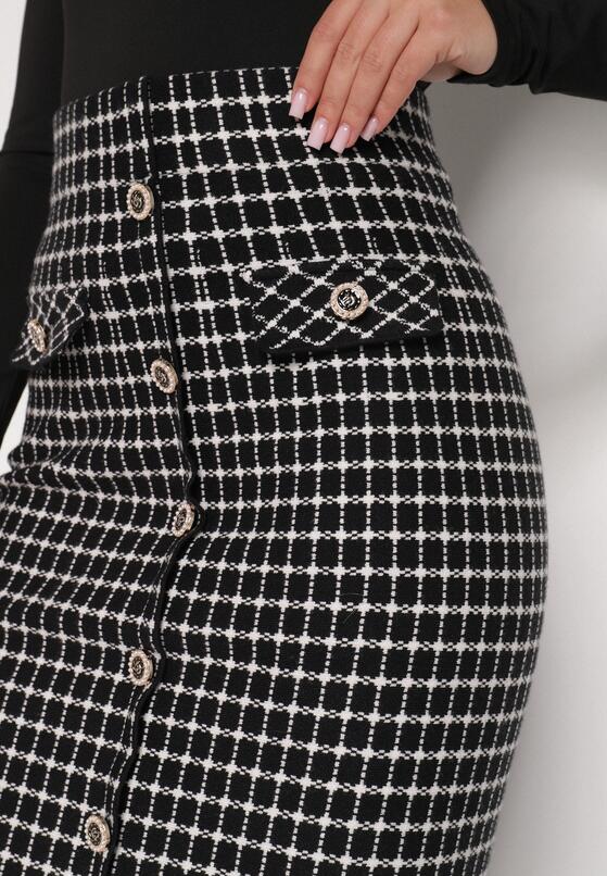 Czarno-Biała Ołówkowa Tweedowa Spódnica w Kraciasty Wzór z Guzikami Anitusa 5
