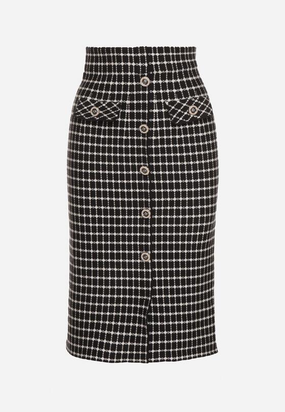 Czarno-Biała Ołówkowa Tweedowa Spódnica w Kraciasty Wzór z Guzikami Anitusa 6