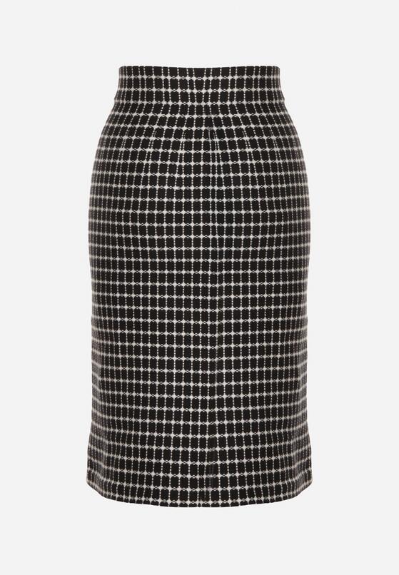 Czarno-Biała Ołówkowa Tweedowa Spódnica w Kraciasty Wzór z Guzikami Anitusa 7